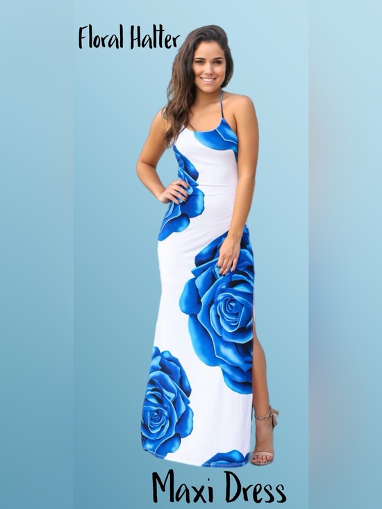 Source Unknown Dresses & Skirts - Boho Halter Maxi Dress with Bold Blue Rose Print on White Background